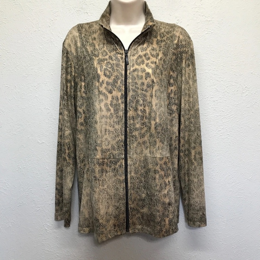 Chicos Jacket Size 2 Womens L Animal Print Full Zip Pockets Stretch Leather-Look